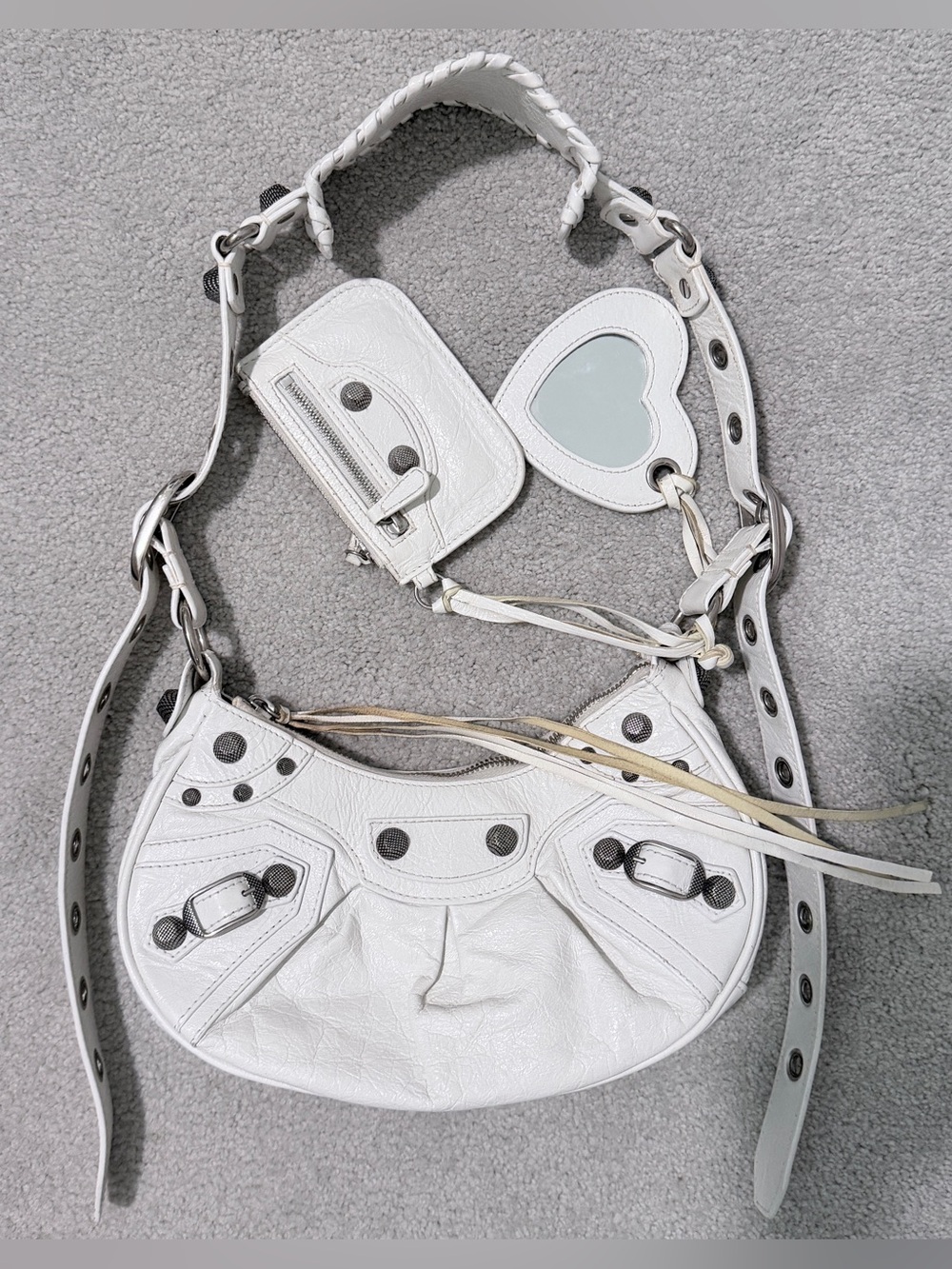 Balenciaga XS Le Cagole White Leather Bag with Heart Mirror Charm and Coin Purse